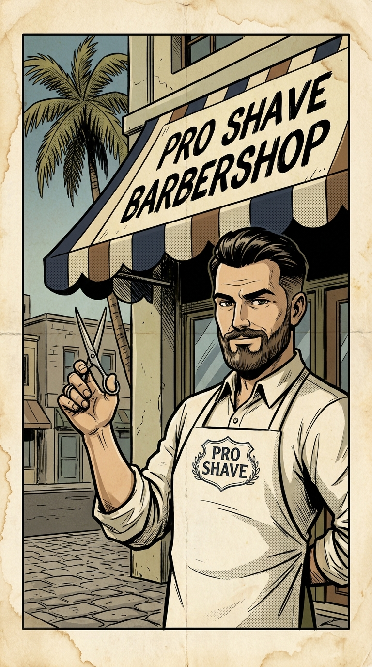 The barber stands ready outside the shop