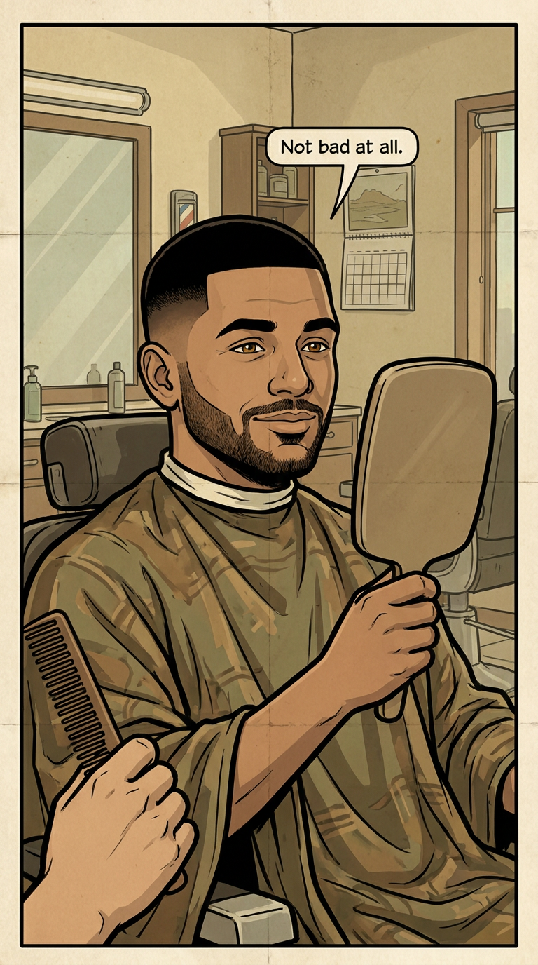 Customer admires new haircut
